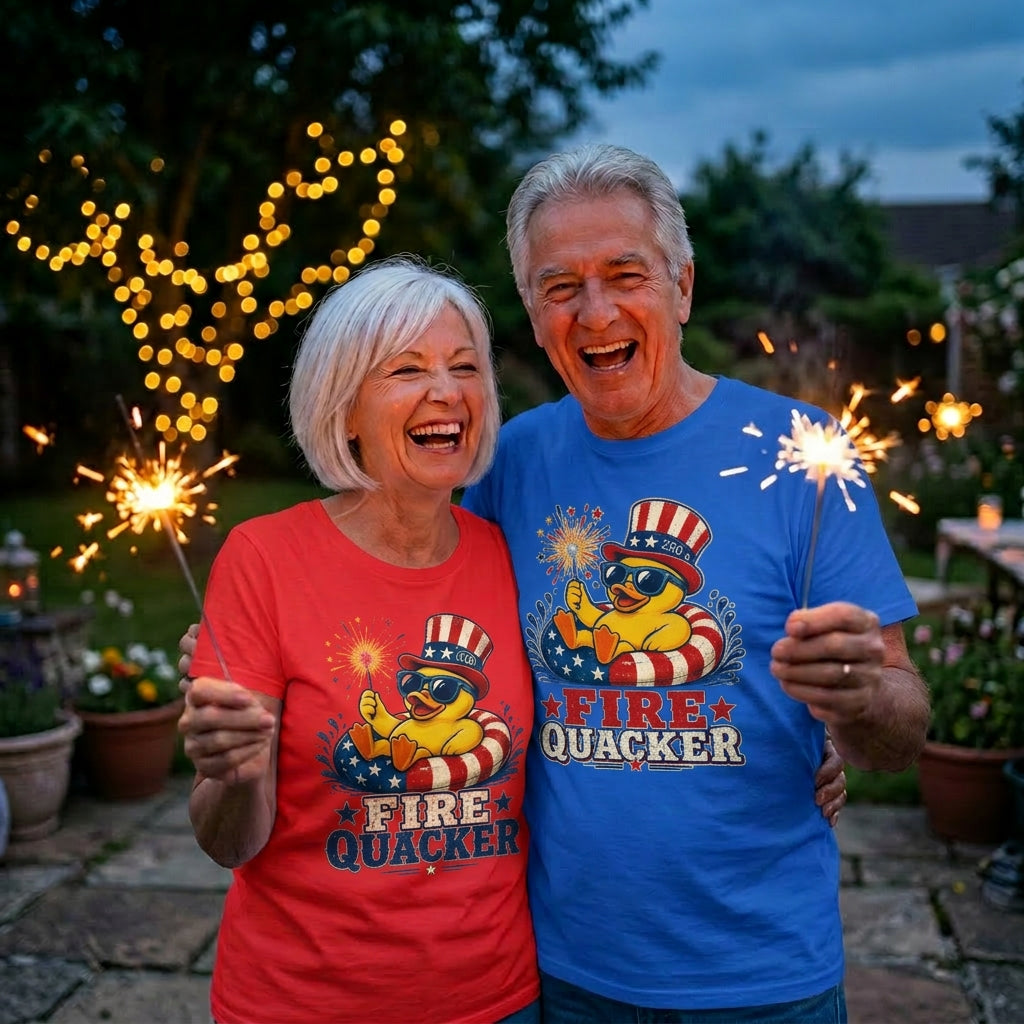 Fire Quacker T-Shirt – Patriotic Duck with Sparklers (Fourth of July Tee)