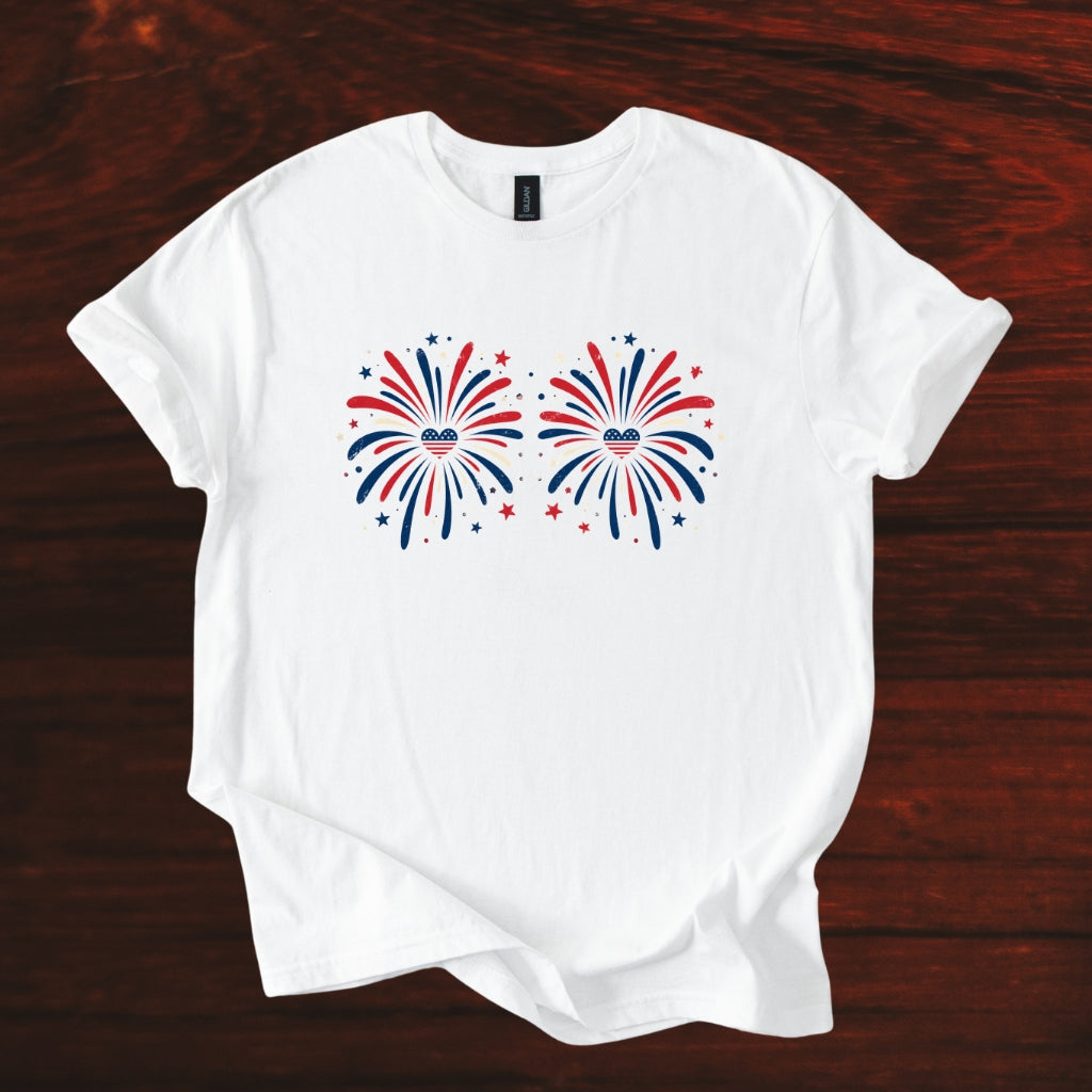Fireworks Graphic T-Shirt — Patriotic Red & Blue Celebration Tee