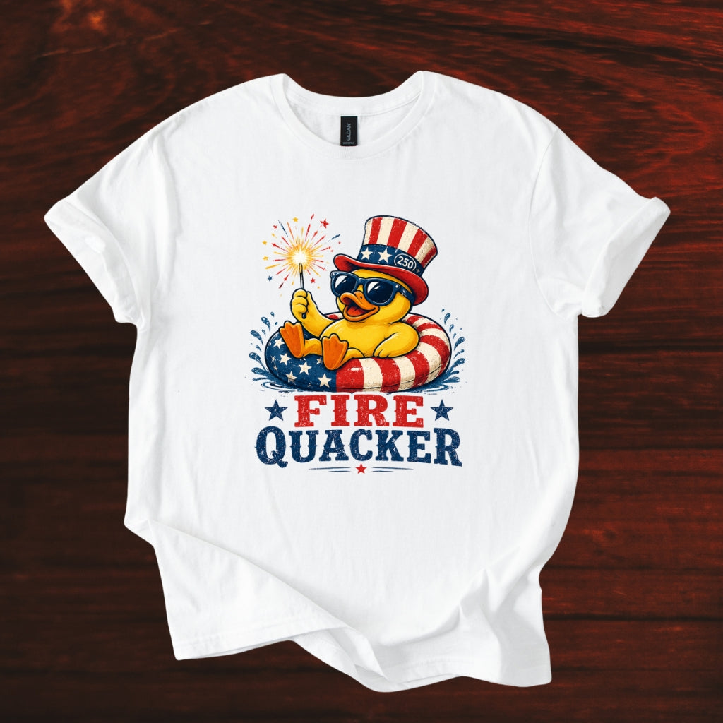 Fire Quacker T-Shirt – Patriotic Duck with Sparklers (Fourth of July Tee)