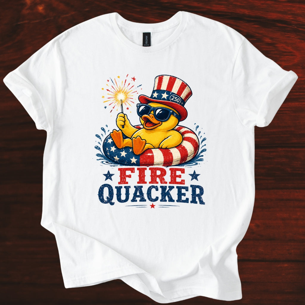 Fire Quacker T-Shirt – Patriotic Duck with Sparklers (Fourth of July Tee)