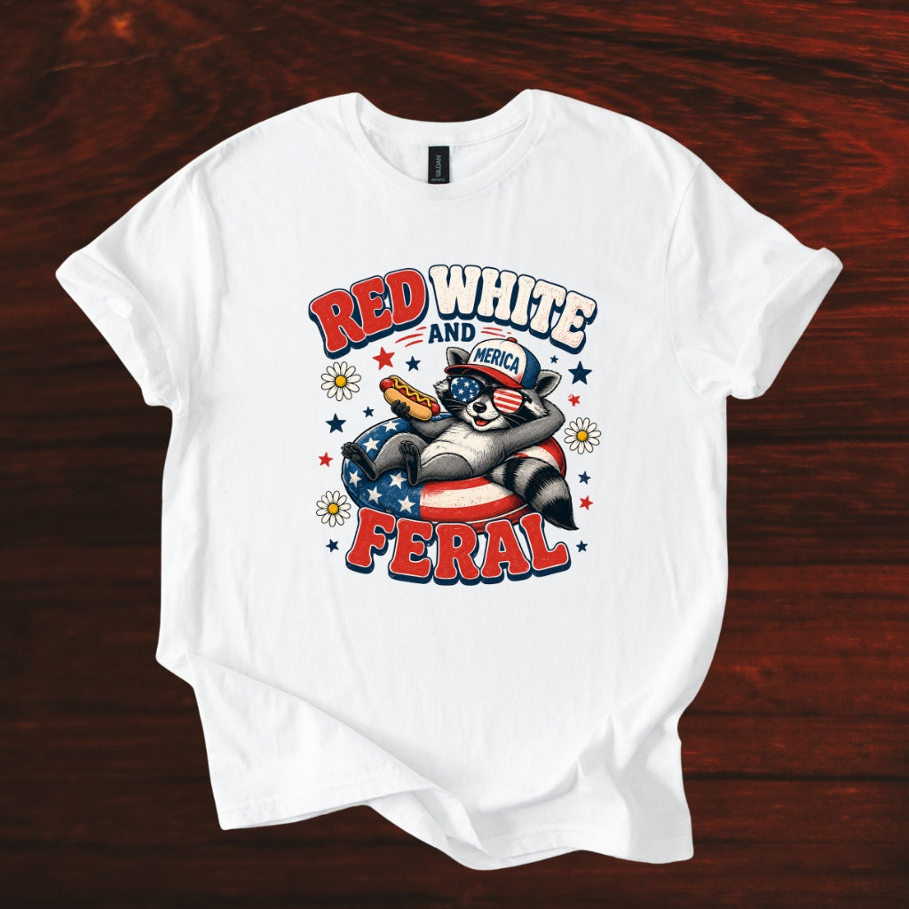 T-Shirt — "Red White and Feral" Patriotic Raccoon Graphic Tee